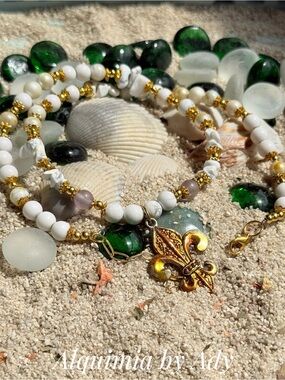 White Howlite and amethyst Beaded Necklace with Gold Fleur-de-Lis Charm
